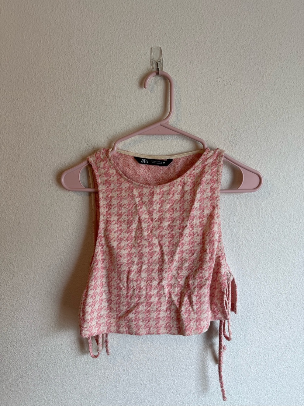 ZARA Pink Houndstooth Side-Tie Cropped Tank